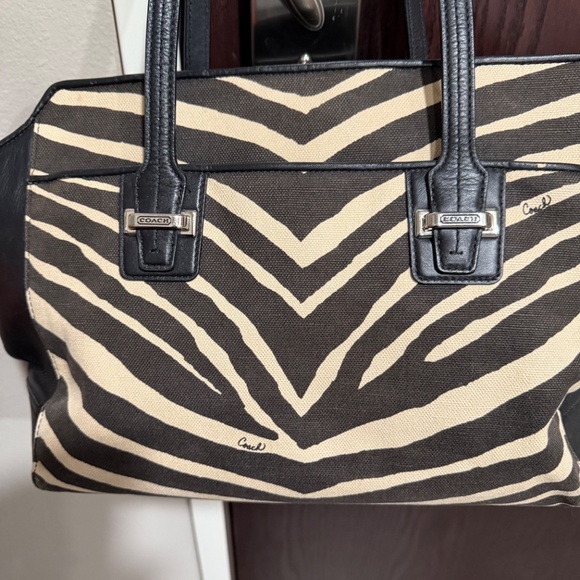 Coach “Taylor” L1382-F27009 Cream & Brown Zebra Print Leather & Canvas Tote/Bag - Picture 3 of 12